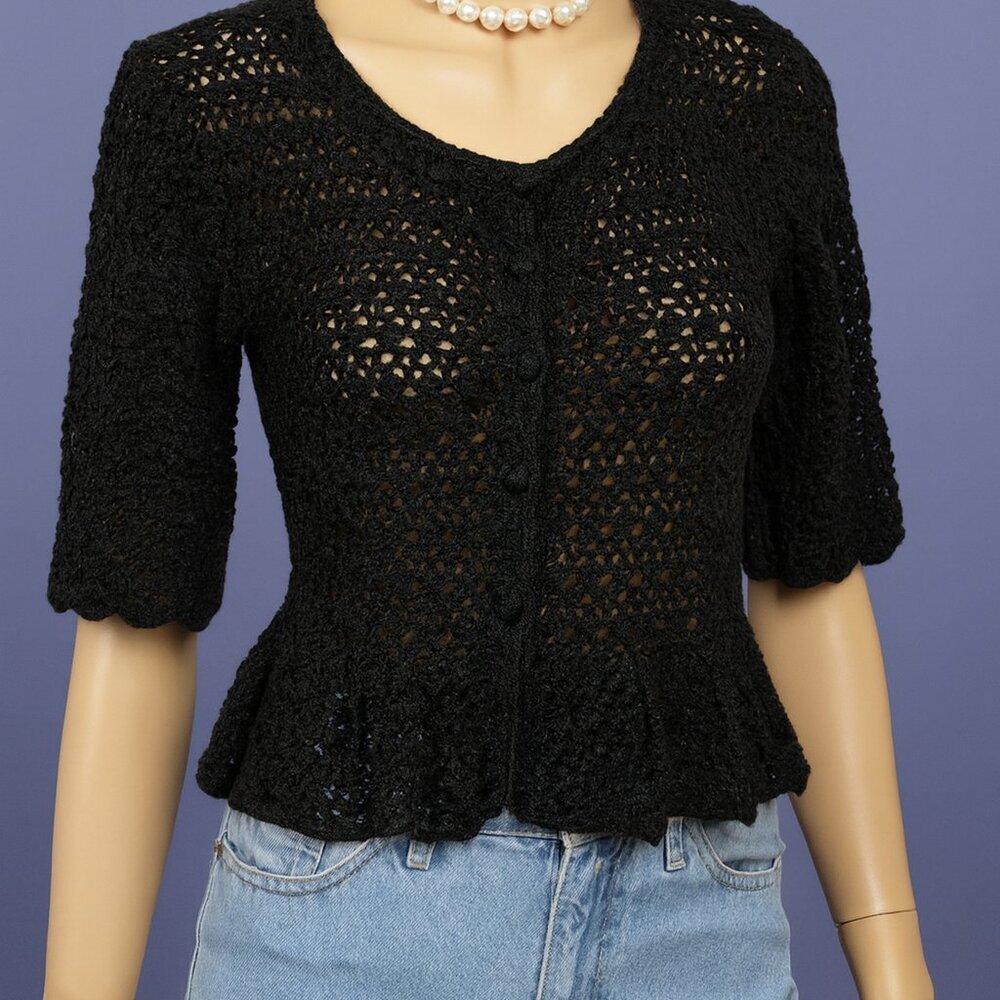Vintage INC International Concepts Crochet Cardigan Open Knit Black Whimsigoth M